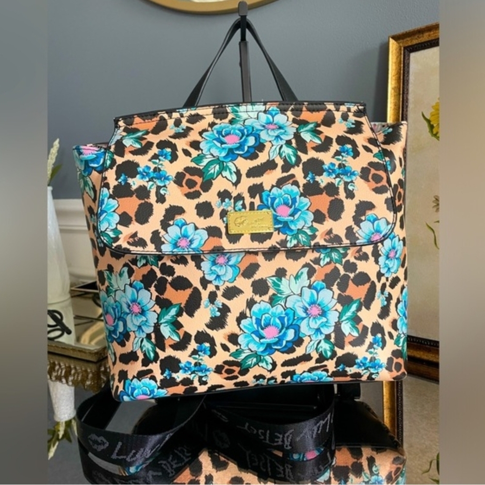 Betsey Johnson Floral Leopard Backpack - Blue and Tan GUC - Picture 13 of 16